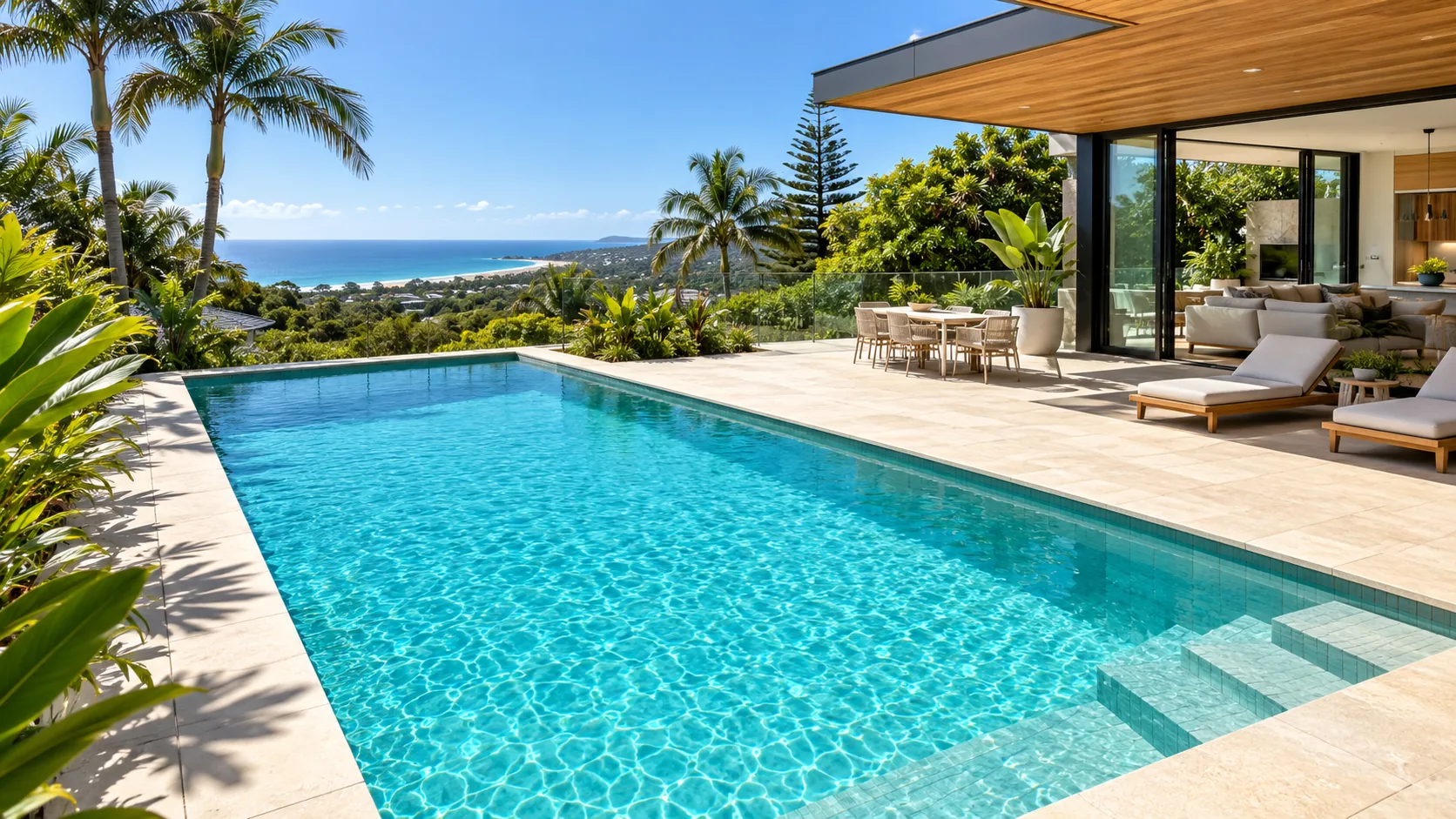 Modern coastal home with a large turquoise swimming pool and ocean view
