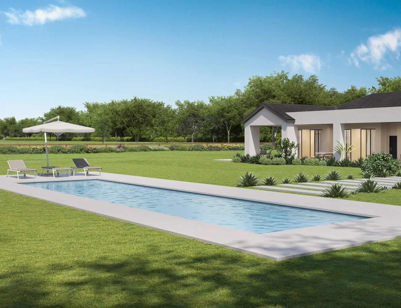 Illustration of the Lap Pool De Luxe in a landscaped garden