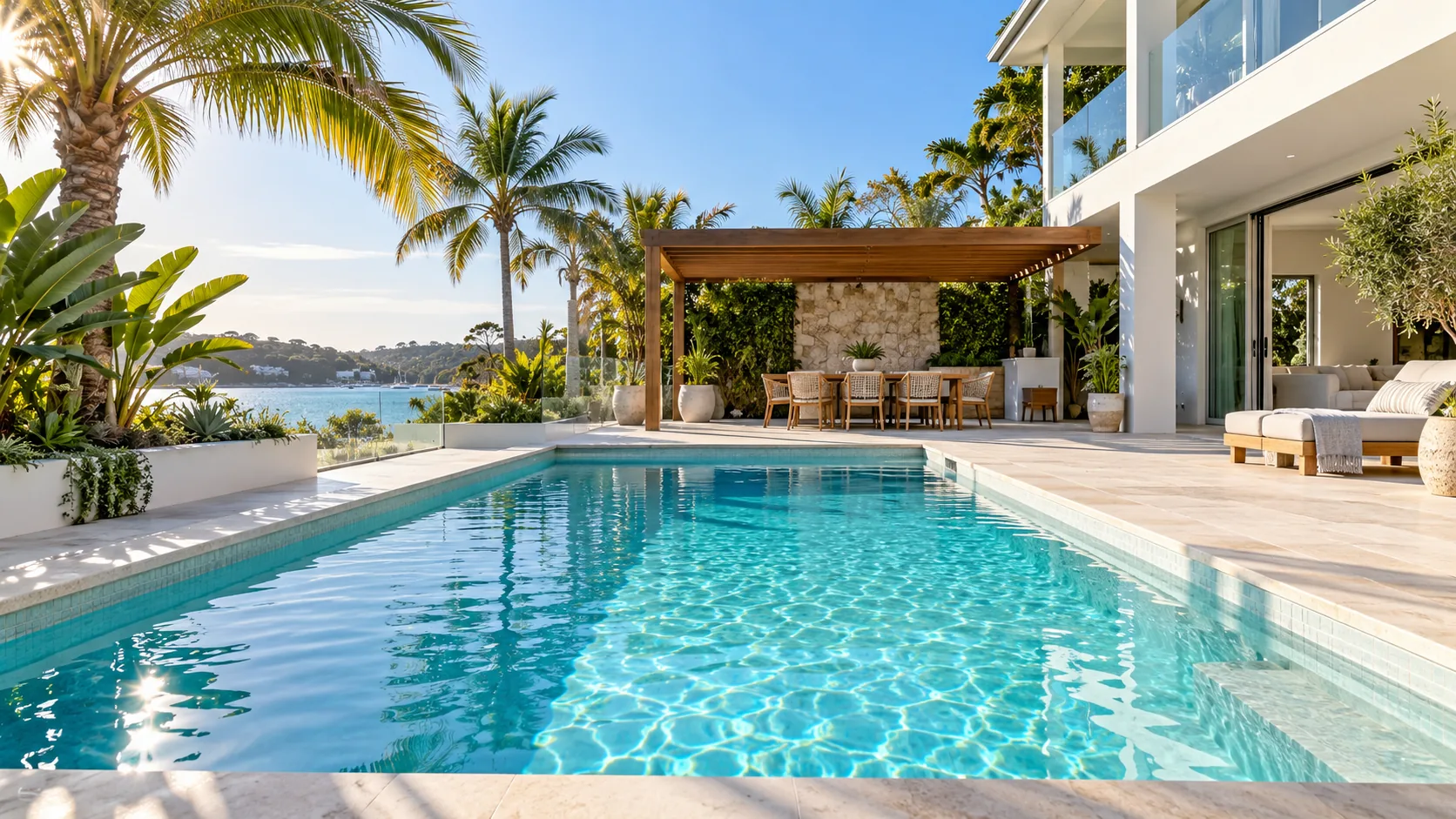 Coastal home, outdoor dining and swimming pool design inspiration